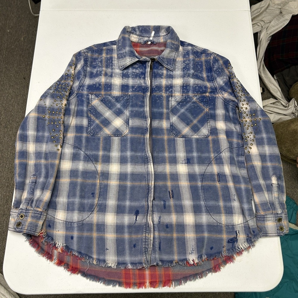 Free People Flannel Shirt Women S Blue Distressed Studded Zip Up Plaid Shacket
